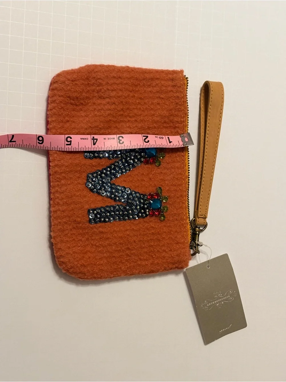 BNWT Anthropologie Orange Beaded 'M' Wristlet Clutch